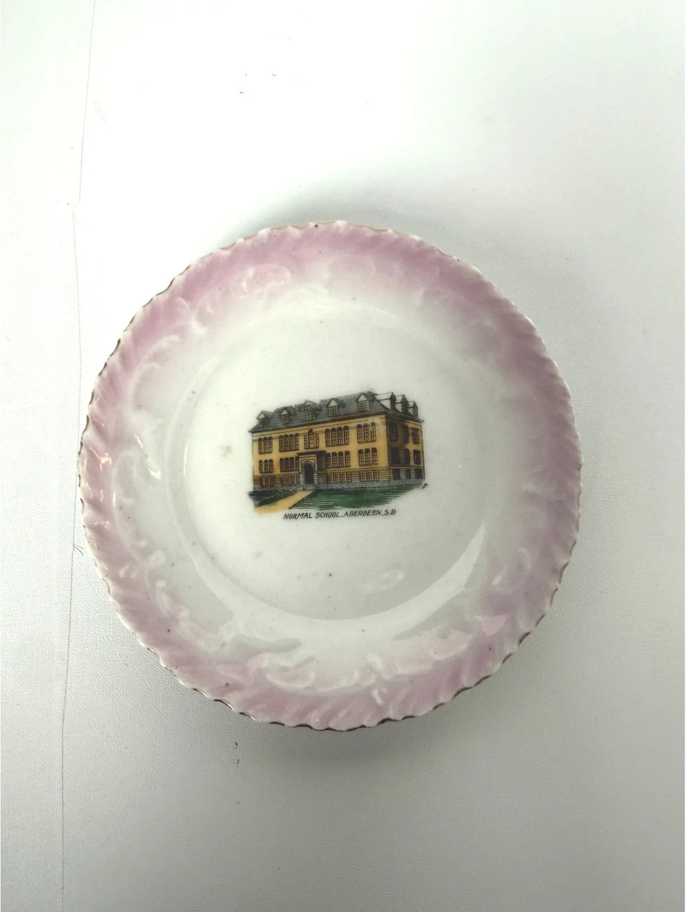 Vintage Pink Rimmed Decorative Plate with Building Illustration